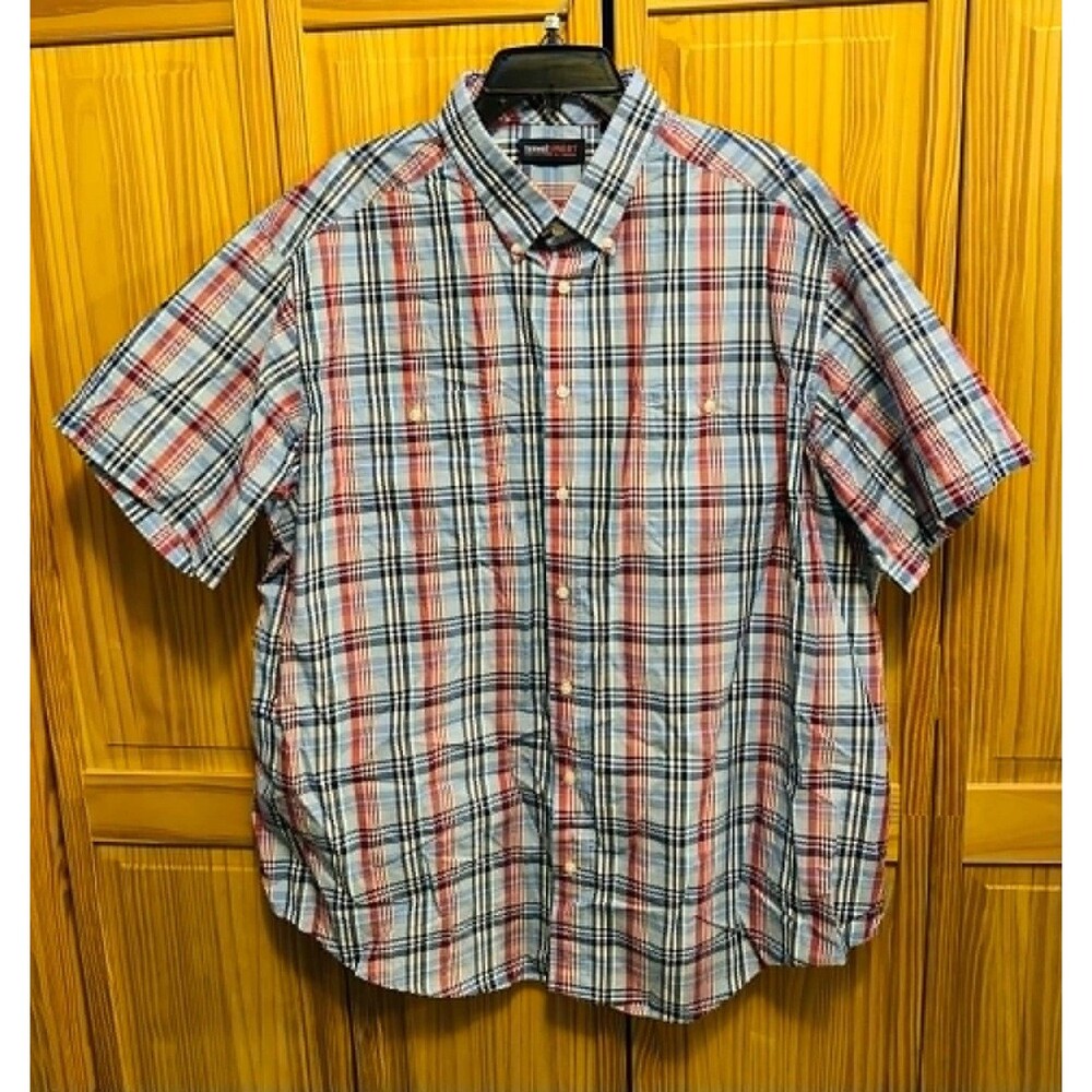 Travel Smart Roundtree & Yorke Mens Shirt Size 2XB Blue Plaid Short Sleeve  NWOT